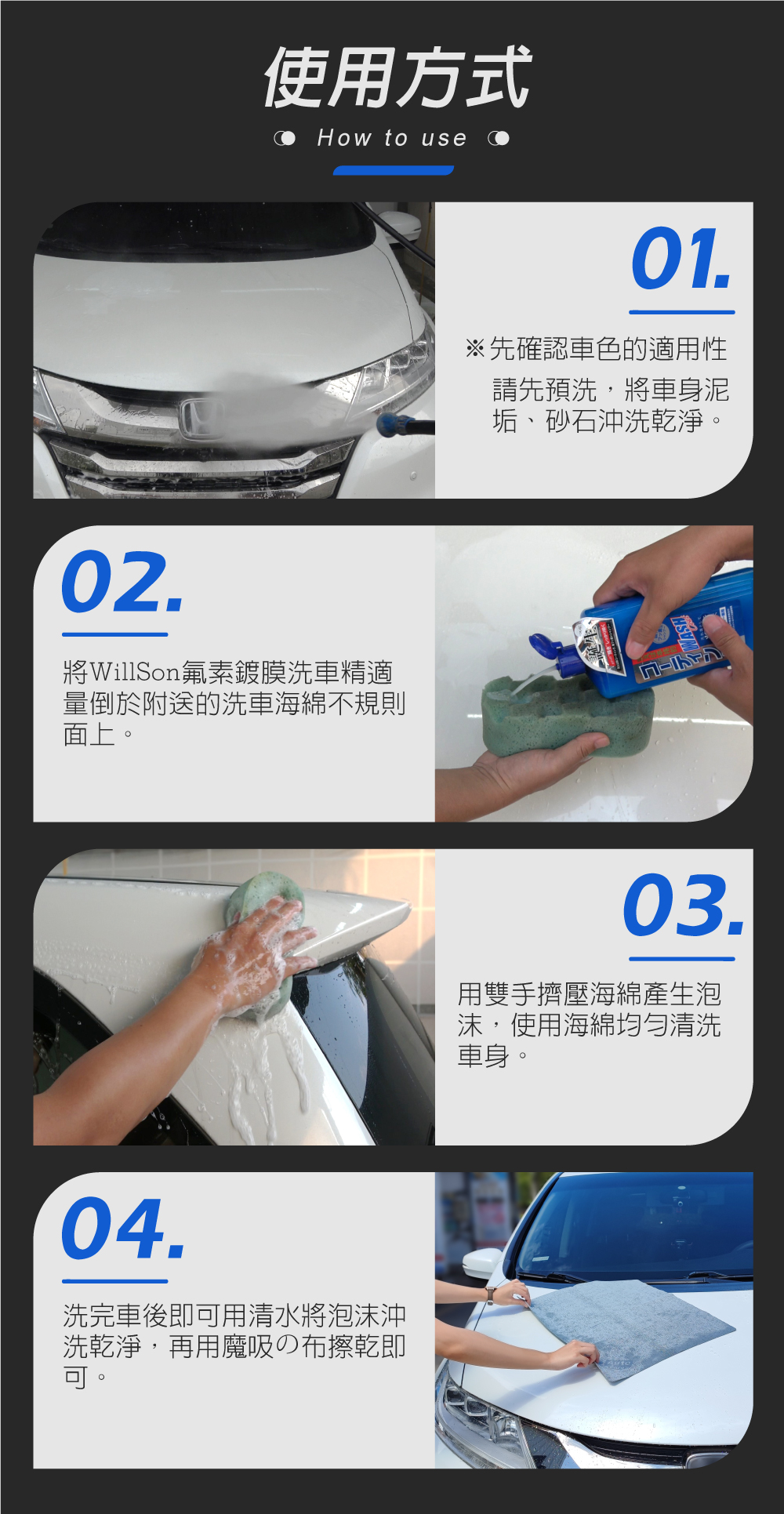 日本Willson 氟素鍍膜洗車精_使用方式